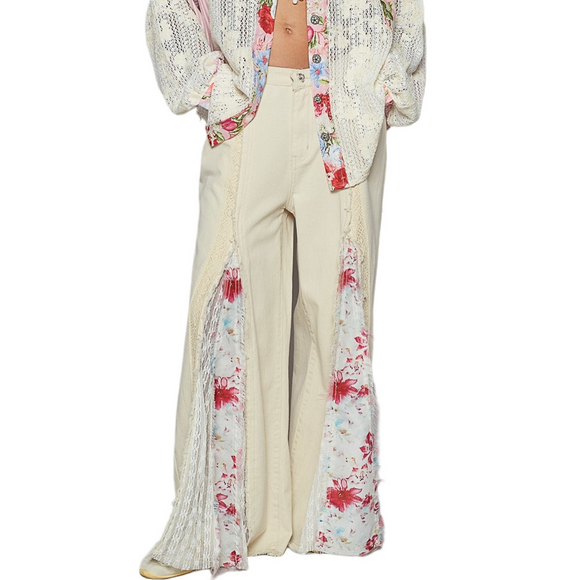 POL Women’s (oatmilk) twill pants with inset floral flare pointed floral pattern